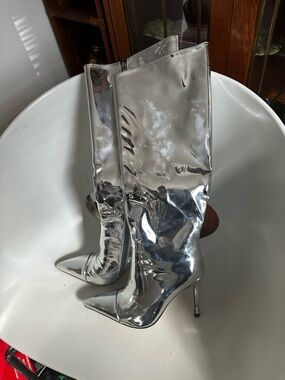 Metallic Silver High Heel Knee Boots - Women's Fashion Boots